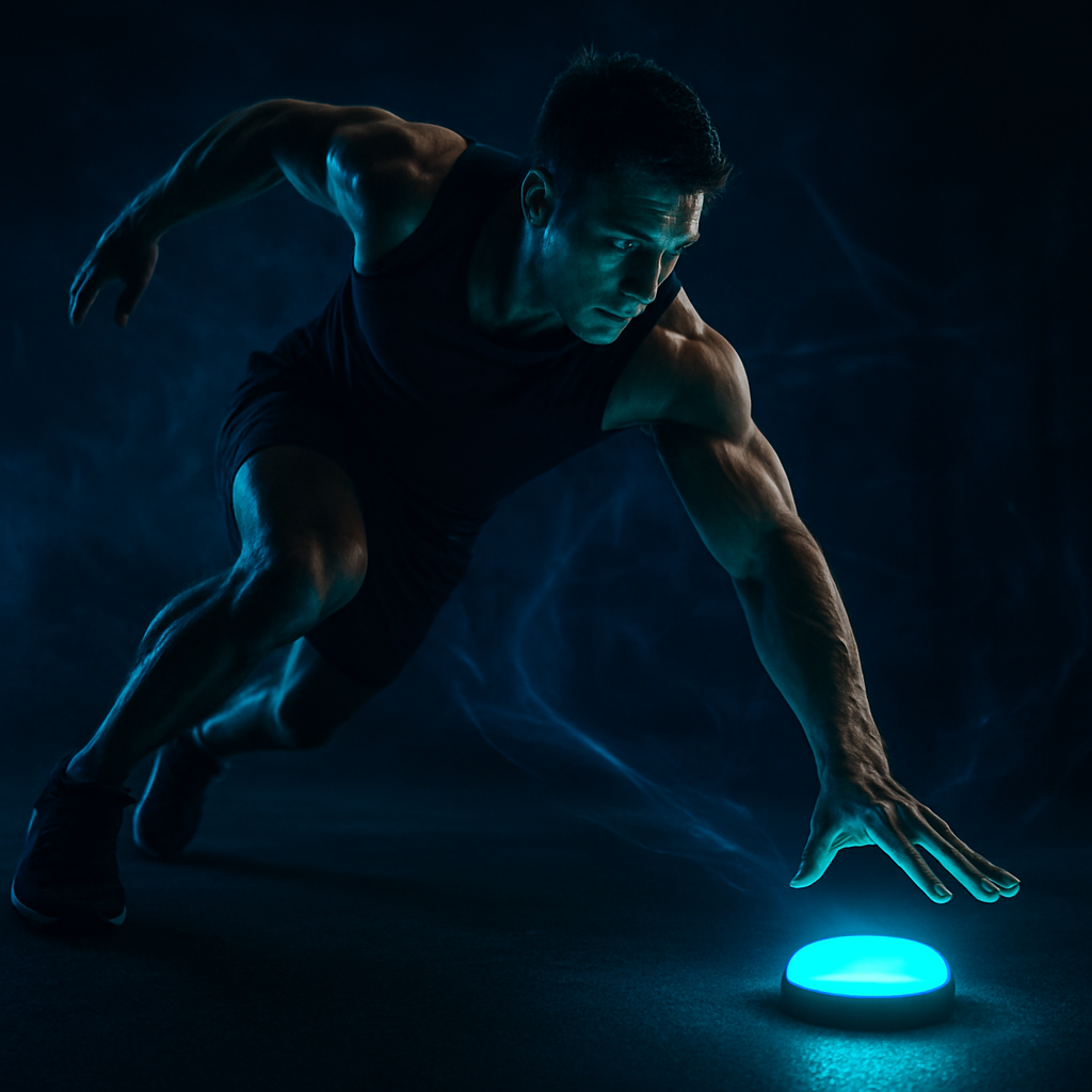 Athlete tapping a glowing cyan reflex training pod in a dark gym